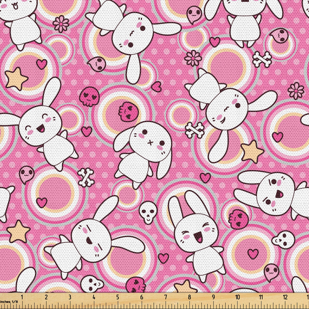 Ambesonne Anime Fabric by The Yard, Funny Kawaii Illustration Rabbits Funky Animals Bunnies Humor Print, Decorative Fabric for Upholstery and Home Accents, 2 Yards, White Pink